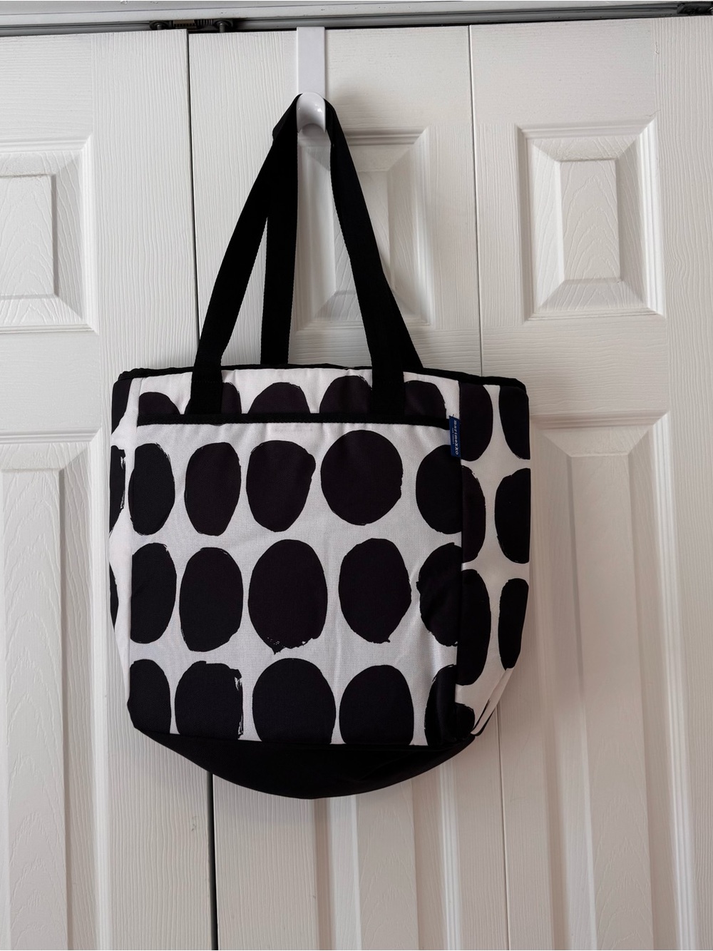 Marimekko. Black and White Polka Dot Tote Bag with Sturdy Black Handles